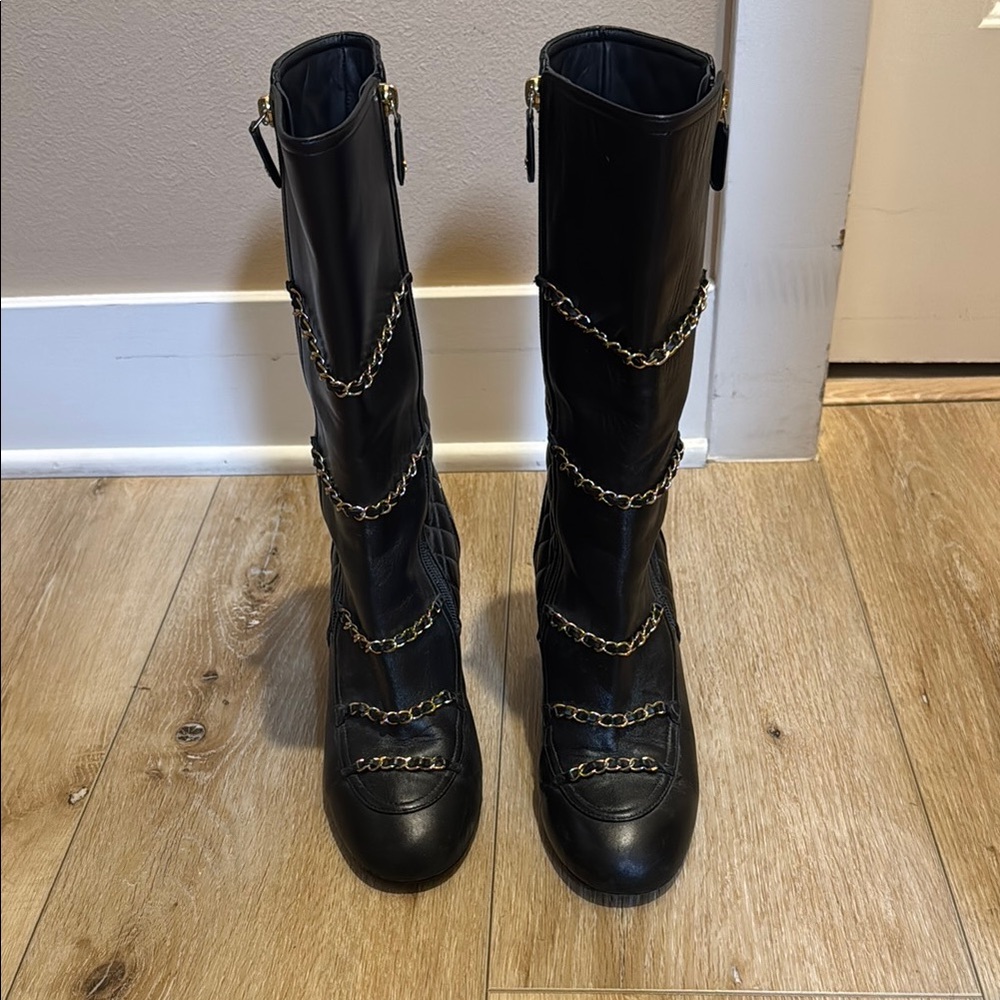CHANEL Black and Gold Combat Boots with Edgy Straps